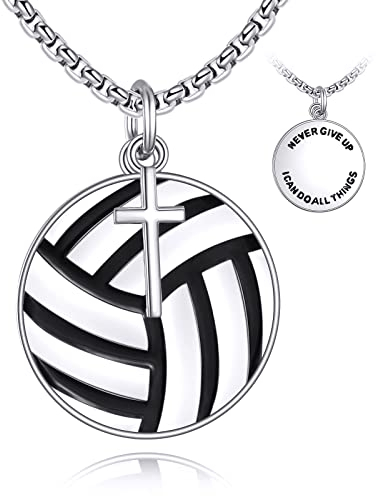 YFN Volleyball Halskette Sterling Silber Niemals aufgeben Anhänger Kreuzschmuck Volleyball Liebhaber Geschenke für Damen Herren Mädchen Jungen Volleyballspieler
