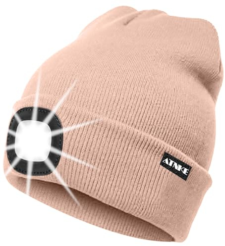 ATNKE LED Beleuchtete Mütze,Wiederaufladbare USB Laufmütze mit Licht Extrem Heller 4 LED Lampe Winter Warme Stirnlampe für Herren und Damen Geschenke/Skin Pink