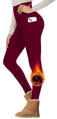 Gayhay Thermo Leggings Damen Winter Mit Taschen, Gefütterte Thermohose High Waist Hose Warm Blickdicht Strumpfhose Für Sport Weinrotu L/XL