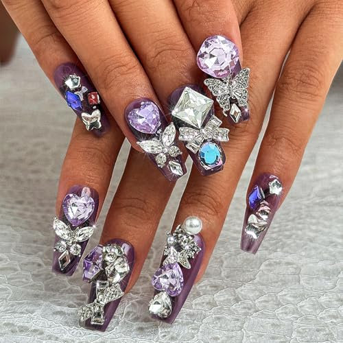 Sethexy Lila Strass Luxus Handgefertigter Kunstnagel Schmetterlingsbogen Langer Sarg auf Nägel drücken 3D-Herzkristalle Falscher Hasennagel Langlebige für Frauen und Mädchen