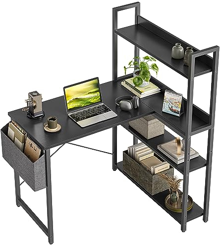CubiCubi Schreibtisch mit Regal,Eckschreibtisch für Heimbüro,Kleiner L-förmiger Computertisch mit Ablagefächern,Bürotisch mit Aufbewahrungstasche, 100cm Schwarz.