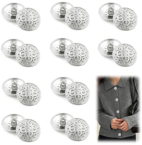 XCSJ 20 Stück Knöpfe Metall Vintage Metallknöpfe Ösenknöpfe Vintage Antike Metall Blazer Knöpfe Metall Blazer Knöpfe Rund Metallknöpfe für Mantel, Blazer,Hemd, Jacke,Uniform (Silber) 11A7HQ0349a
