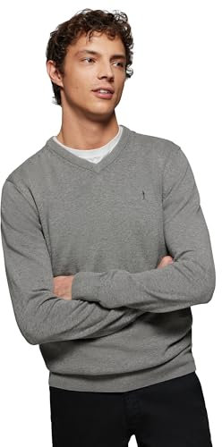 Polo Club Jersey Básico de Cuello Pico Gris para Hombre - Suéter Manga Larga 100% Algodón con Logo Bordado
