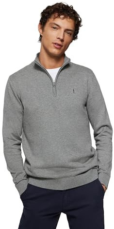 Polo Club Pull Gris chiné en Maille à col Montant et Fermeture éclair et Logo brodé Homme