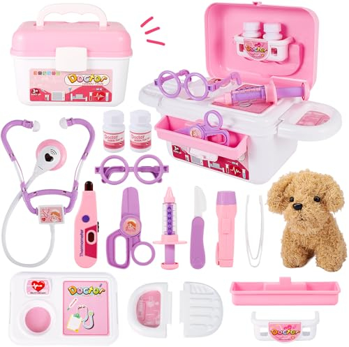 HYAKIDS Tierarztkoffer Tierarzt Spielzeug Arztkoffer Kinder, Doktorkoffer Kinder mit Hund Spielzeug, Tierarzt Spielset Rollenspiel Spielzeug für Mädchen Junge ab 3 Jahre