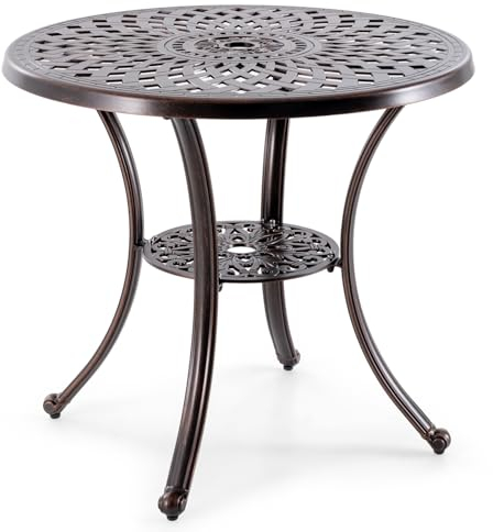COSTWAY Gartentisch mit Schirmloch und unterer Ablage, runder Balkontisch aus Aluminiumguss, wetterfester Terrassentisch für Garten, Balkon, Terrasse, 79 x 79 x 71 cm