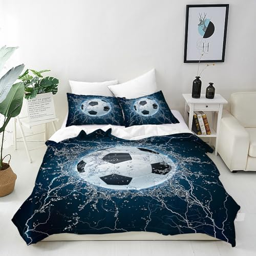 ANHOPE Fußball Bettwäsche Set 2 Teilig Sport Thema Ball Football Bettbezug 135x200 cm + Kissenbezug 80x80 cm Weich Microfaser Bettbezüge mit Reißverschluss Bettdeckenbezug für Kinder Jungen Mädchen