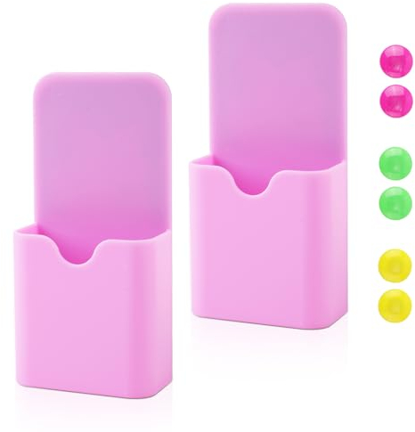 Lot de 2 Rangement Crayon Mural, Pot Crayon Aimanté Porte Marqueur avec 6 Perles Magnétiques pour Casier Tableau Blanc Réfrigérateur École Maison Fournitures de Bureau (Rose)