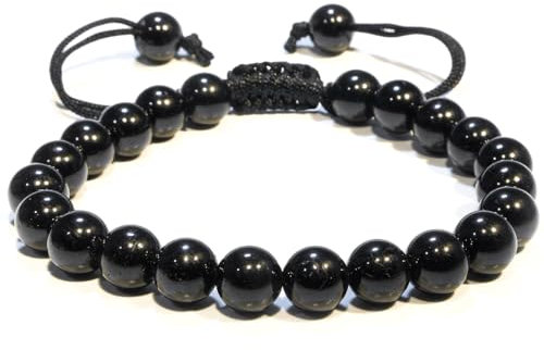 P&R:UK 8mm Adjustable Black Tourmaline Crystal Bracelet, Beaded Bracelet Gemstone Healing Crystal Natural Stone Chakra Bracelet for Women Positivity Anxiety Relief Meditation accessory