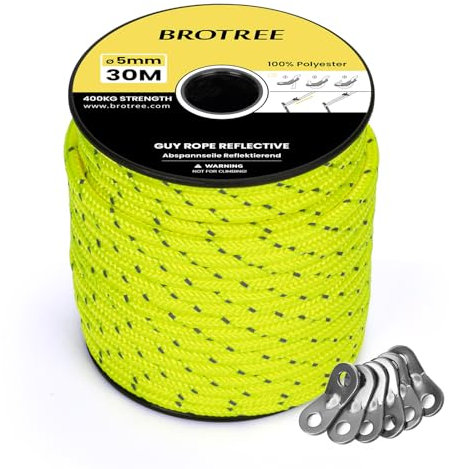 BROTREE Abspannseile Camping 30m Zeltschnur mit 6 x Spanner 5mm Reflektierend Abspannseile mit Seilspanner für Zelt Camping Sonnensegel Vorzelt (Neon Gelb)