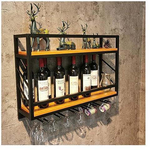 Portabottiglie da parete con porta calici, portabottiglie da parete in metallo rustico a 2 ripiani, portabottiglie da parete, portabicchieri, ripiani in legno, mensola da parete (colore: nero con