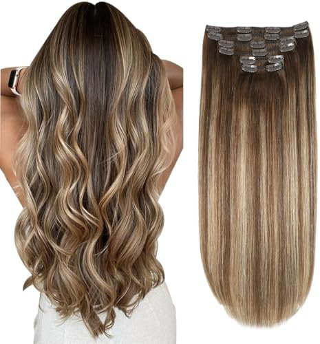 XDhair Clip In Extensions Echthaar, 50cm 120g Balayage Schokoladenbraun bis Karamellblond Echthaar Extension Clips Natürliche Clip in Extensions Haarverlängerung Echthaar (#4/27/4-20 Zoll)