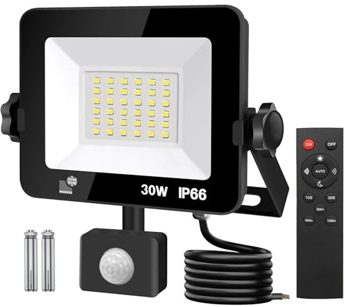 Morris LED Motion Sensor Floodlight 30w PIR with Remote Control, Outdoor Security Light, IP66 Waterproof, Outdoor Wall Light for Garden, Garage, Shed, Doorways