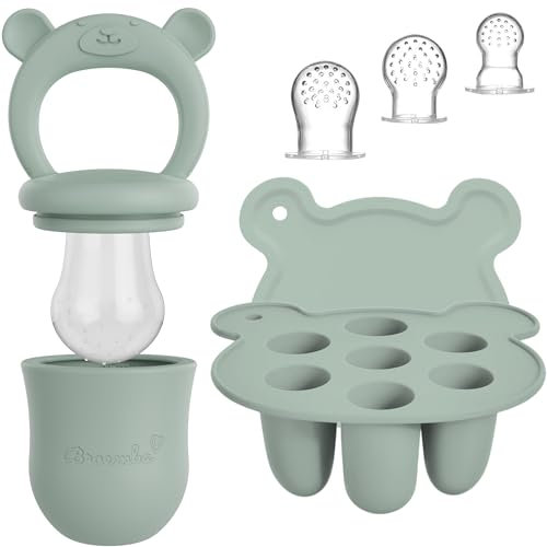Baby Fruchtsauger & 3 Schnuller mit Eisform Set - Grüner Silikon Nahrungsschnuller mit Beißring, Fruchtschnuller für Obst & Gemüse, Eiswürfelform mit Deckel | Broemba