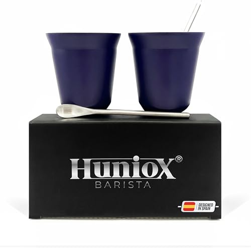 Huniox® 2 X 160 Ml - Taza Cafe - Tazas De Cafe Originales - Vasos Irrompibles - Tazas De Cafe Cortado - Vasos Acero Inoxidable - Incluye 2 Cucharillas De Diseño (Amethyst, 160 Ml)