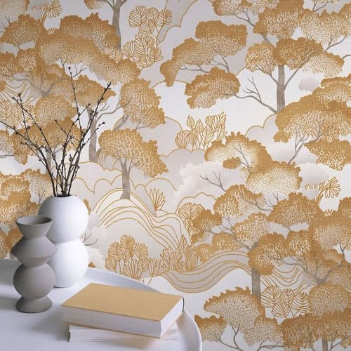 Erismann Elle 10448-30 Non-Woven Wallpaper Landscape Trees Mountains Cream Gold Metallic