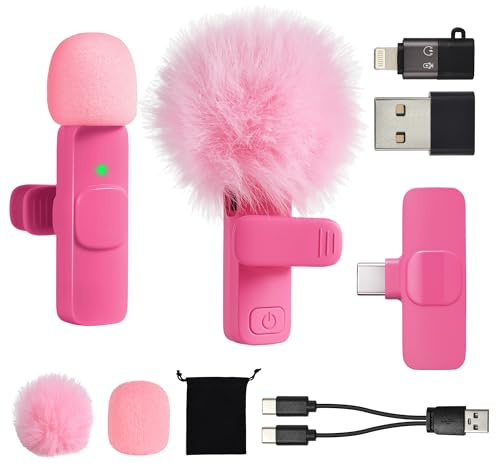 Microfono Wireless per Video Social iPhone Android Telefono Tablet iPad PC, 2 Mini Mic Lavalier USB C/A/Lightning per Podcast Vlogging YouTube TikTok Interviste Creatori di Contenuti, Rosa Fucsia