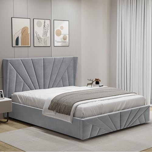 Blisswood Double Ottoman Bed Frame – Upholstered 4ft6 Large Storage Space bed with Headboard, Gas Lift-Up, Wooden Slats Base, Velvet Finish for Bedroom or Guest Room (135x190cm Grey_No Mattress)