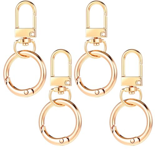 HJZHII 4 Stück Drehbare Karabinerhaken Metall Karabiner, 360° Drehbarem Drehverschlussclips mit doppelter Öffnung, Schlüsselanhänger mit Karabiner Drehfederdruckknopf, Robuster Druckhaken(Gold)