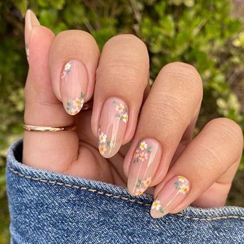 Auiremrti 24 pièces Ongles à Presser Rose Printemps, Ongles Artificiels en Amande avec Designs Floraux, Ongles Fleur Marguerite, Colle pour Ongles Printemps/Été