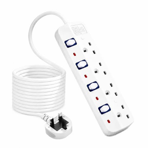 Extension Lead 5m, 4 Way Extension Lead With Separate switch | 4 Gang Extension Lead 5m With Wall mountable, Long Extension Lead for Home, Bedroom, Office, White