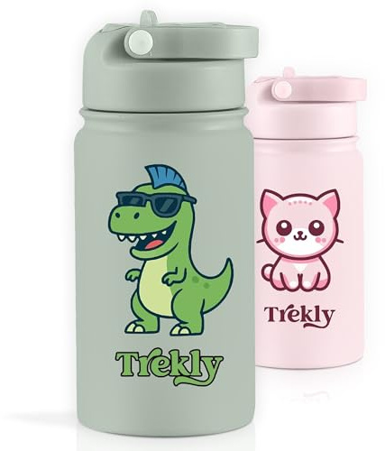 Trekly - Gourde isotherme enfant 354 ml - Acier inoxydable - Sans BPA - Anti-fuite - Paille intégrée - Chaud/Froid - Ecole, sport (Dinosaure)
