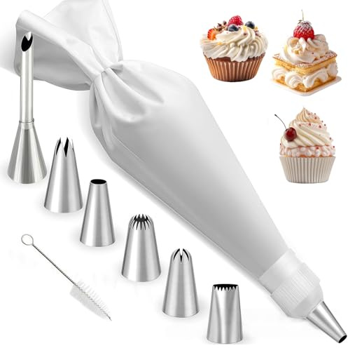 KLINNA Lot de 9 poches à douille avec douilles en acier inoxydable, coton réutilisables, avec 6 formes différentes pour décorer les gâteaux, les biscuits et la crème pour décorer les gâteaux.