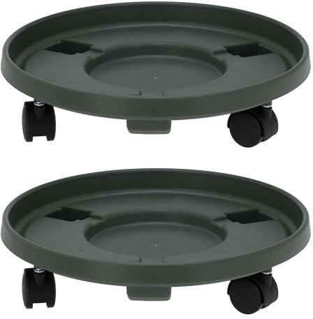 HAC24 2er Set Pflanzenroller Rund Ø 33 cm Dunkelgrün mit 3 Rollen Tragkraft 50 KG Blumenroller Blumentopf Kunststoff Rollbrett