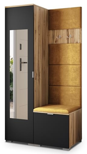 Masseno Flugarderoben Set VIRA, Kleiderschrank-Set mit Spiegel und Sitzbank, Garderobenschrank Flur mit 3 Regalböden, Eiche Wotan/Schwarz
