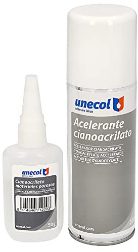 Unecol 7156 Kit accelerante Aerosol + cianoacrilato para materiales porosos (botella), 200 ml + 50 ml