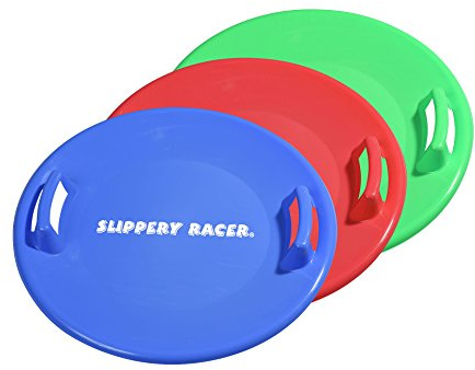Slippery Racer Heavy-Duty Cold Weather Downhill Pro Adults and Kids Plastic Outdoor Winter Saucer Disc Snow Sleds with Handles, Green, Blue, and Red