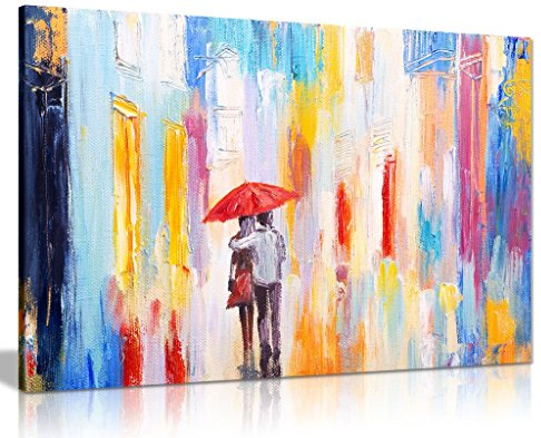Colourful Oil Painting Couple In Rain Canvas Wall Art Picture Print (36x24)