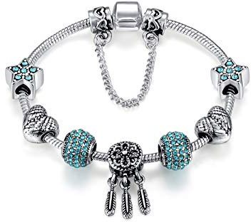 Qings Traumfänger Silber Charm Armband mit Engelsflügeln Blue Beads Modeschmuck Geschenk für Frauen
