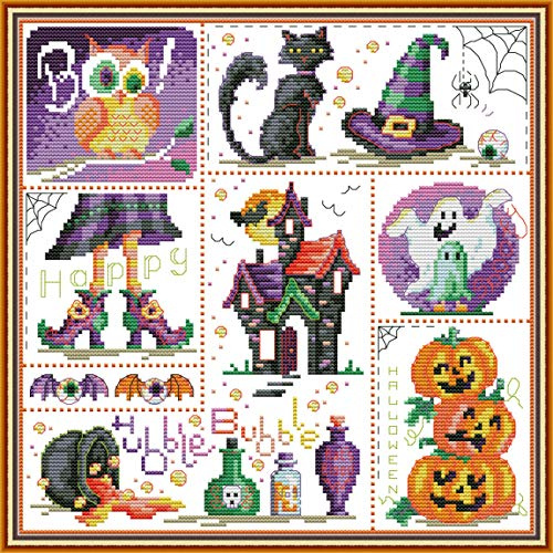 Kreuzstich Stickpackungen Vorgedruckt, OWN4B Halloween Bilder 11CT 16,1x16,1 Zoll DIY Stickpackung Set