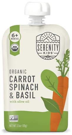 Serenity Kids 6+ Months USDA Organic Veggie Puree Baby Food Pouches | No Sugary Fruits or Added Sugar | Allergen Free | 3.5 Ounce BPA-Free Pouch | Carrot Spinach & Basil | 1 Count