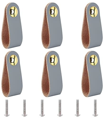 GORGECRAFT 6 Stück Ledergriffe Vintage Schranktürgriff Graue Farbe Leder Schubladengriffe Für Küche Badezimmer Schränke Schränke Kleiderschrank Kommode, 143x25 mm
