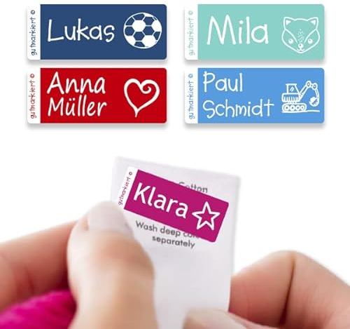 Gutmarkiert – Personalisierte Namensaufkleber für Kinder Kleidung – Langlebige Namensetiketten für Kinder – Personalisierbare Textilaufkleber – einfach anzubringen – 40 Stück 26x10mm – Farbig