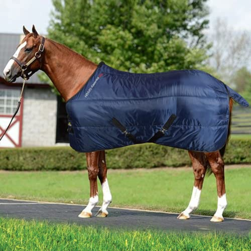 Horses, Stalldecke Esssential 250gr, Hervorragend Verarbeitete Decke, Nützlich zum Schutz des Pferdes vor Temperaturschwankungen und Insekten (145 cm, Blau/Schwarz)