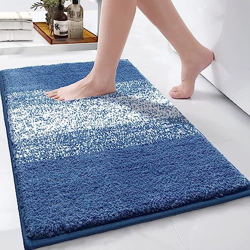 Enyhom Badteppich Badematte rutschfeste 45 x 65 cm, Weiche Waschbar Badezimmerteppich Extra Flauschig Badvorleger Wasserabsorbierend Duschmatten für Dusche Badewanne Toilette,Blau