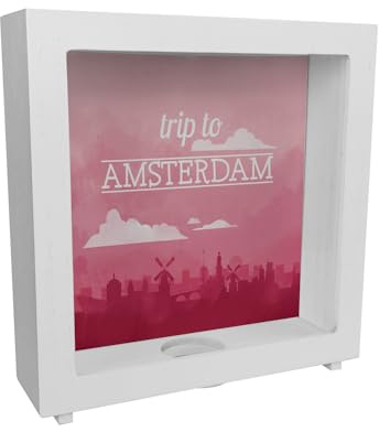 Rahmen Spardose aus Holz mit schönem Motiv und Text - Trip to Amsterdam in rot Rahmen Spardose aus Holz für den nächsten Städtetrip nach Amsterdam als Geschenk für Menschen die
