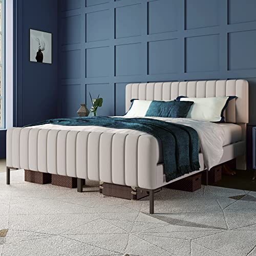 Merax Polsterbett 180 x 200 cm, Doppelbett Bettgestell mit Lattenrost und Verstellbares Kopfteil und Fußteil, Leinenmaterial in Beige, für Erwachsenen & Jugendbett & Gästezimmer, ohne Matratze, Beige