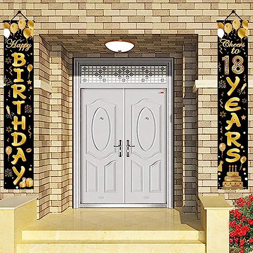Topways Happy 18th Birthday Party Door Banner Decorations, Black Gold Decoration for Boys and Girls Women Men 18 Years Old Birthday Party, Indoor Outdoor Decor Supplies 70.8x11.8inch (Black Gold)