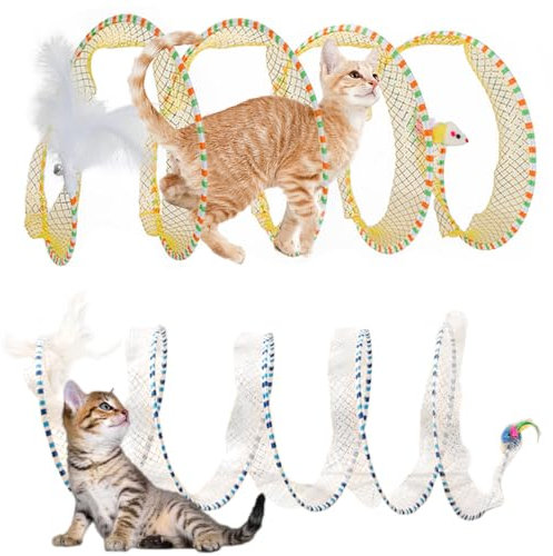Cat Tunnel Spring Toy 2 Pcs Teaser Stick Collapsible, Kitten Play Tunnel With Feather Mouse Toys for Hunting - Suitable for Cats, Kittens, Rabbits, Puppies
