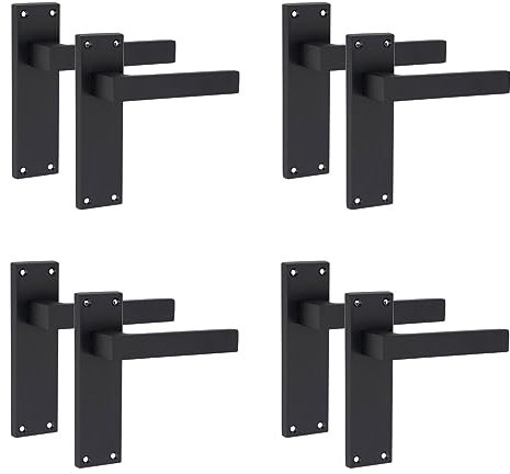 Golden Grace Victorian Straight Delta Door Handles Latch in Matt Black, 4 Pairs - 150mm x 40mm Backplate