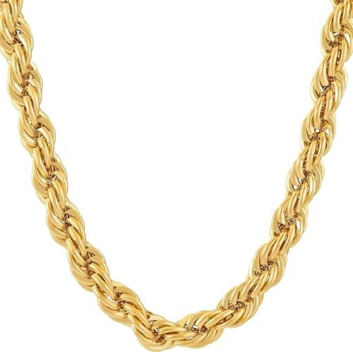 24k Gold Rope Chain Necklace, Mens Gold Chain 7mm Thick, Premium Gold Plated Rope Necklace for Men & Women, Waterproof & Tarnish-Proof Gold Rope Chain Necklace, Lobster Claw Clasp Neck Chain (61)