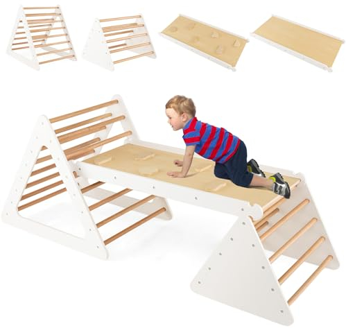 GOPLUS Kletterdreieck mit Leiter und Rutsche, Klettergrüst aus Naturholz mit robustem Rahmen, Sprossendreieck mit doppelseitiger Rampe zum Klettern&Rutschen, für Kleinkinder ab 3 Jahren (Weiß)