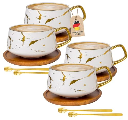 INTIRILIFE Tassen Set 4er – Keramiktassen im Marmor Design Weiß mit Gold – 200 ml bis 300 ml – Kaffeetassen mit Holzuntersetzer – Teetassen Geschenkidee für Kaffee Tee Kakao Milch-Trinkbecher