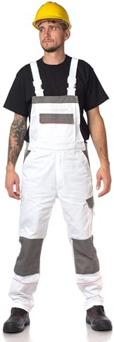 DINOZAVR Fortum Salopette De Travail Homme Avec Ceinture Élastique, Renforts CORDURA, 2 Poches Avant Et Poitrine, Poche Cargo, Renfort Genoux, Bretelles Élastiques, Salopette Homme Blanc 46