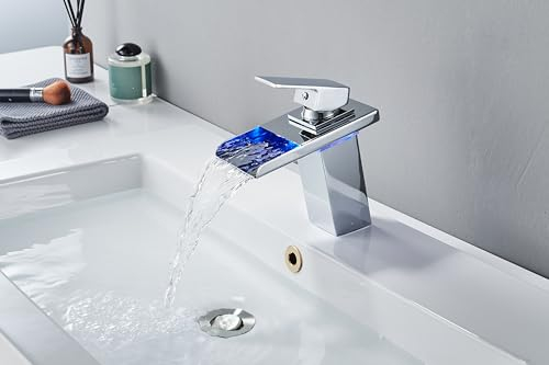 OUGOO Rubinetto a LED a cascata, rubinetto da bagno singolo, cascata bagno lavandino, rubinetto da bagno con luce LED, rubinetto a LED cromato