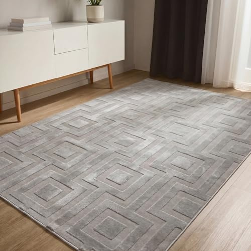 benuta Basic Teppich Claire - Grau 280x380 cm - Minimalistischer Wohnzimmerteppich im Geometrischen Retro-Stil - Pflegeleicht - Fußbodenheizung Geeignet